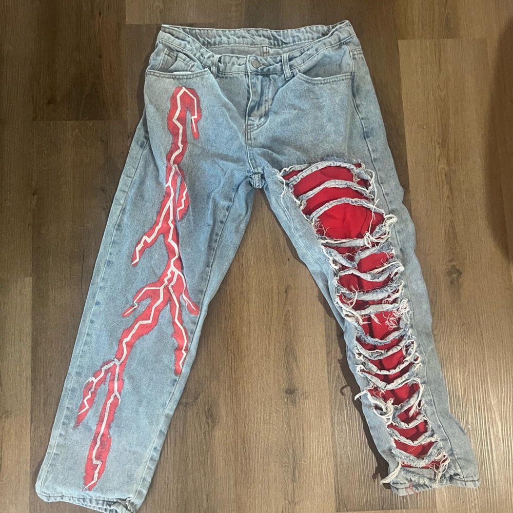 SHEIN Boyfriend Jeans Red with Artistic Design